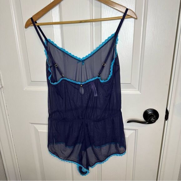 Savage X Fenty Navy Blue Mesh Lace Bow Romper Sz M-L Lingerie Baddie Glam Girly - Picture 3 of 6